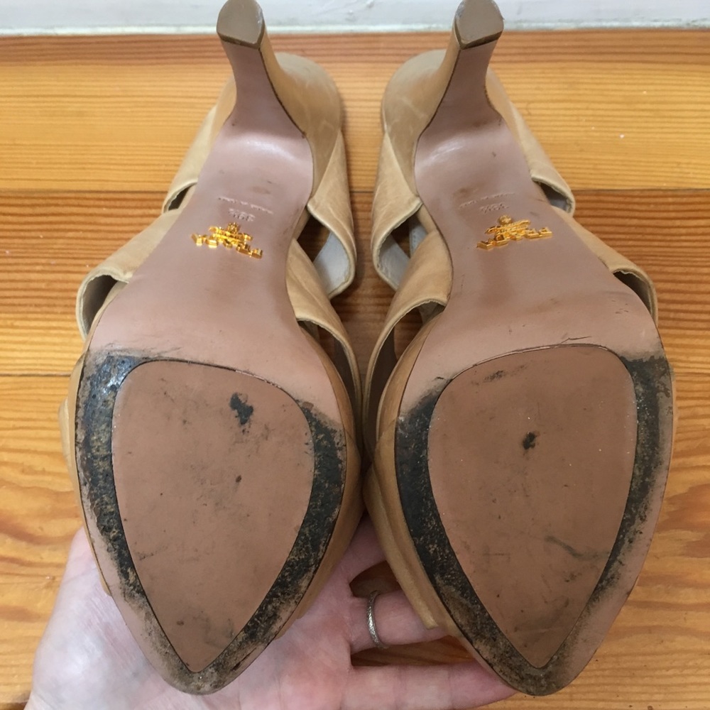 Prada Platform Heels Sandals Crisscross Ruched Slingback Nude Beige size 39.5 - Picture 8 of 16